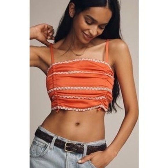 Anthropologie Tops - NWT Anthropologie Celandine Coral Lace Trim Ruched 100% Cotton Crop Top‎ M/L